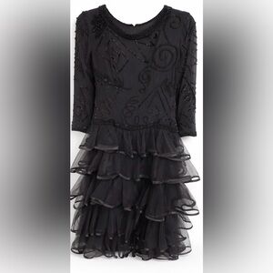 Oleg Cassini Black Tie Beaded Dress | Vintage Tiered Ruffle Formal Evening Gown